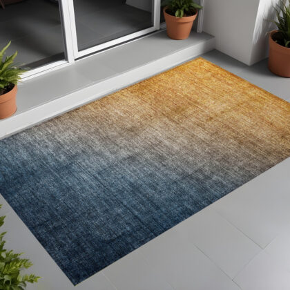 2' X 3' Denim and Gold Ombre Washable Non Skid Indoor Outdoor Area Rug
