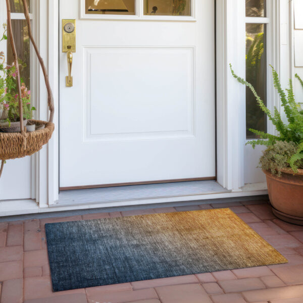 2' X 3' Denim and Gold Ombre Washable Non Skid Indoor Outdoor Area Rug