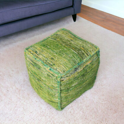 18" Green Recycled Silk and Cotton Blend Cube Pouf Ottoman