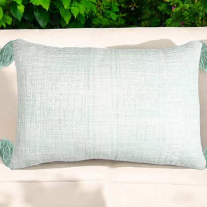 16" X 24" Mint Green Hand Woven Indoor Outdoor Throw Pillow Cover With Tassels