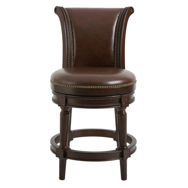 25" Dark Brown Faux Leather and Solid Wood Counter Height Swivel Bar Chair