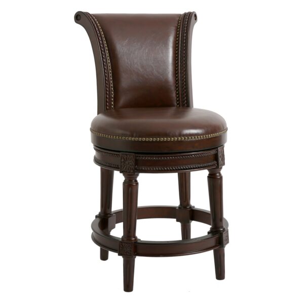 25" Dark Brown Faux Leather and Solid Wood Counter Height Swivel Bar Chair