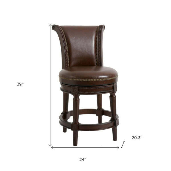 25" Dark Brown Faux Leather and Solid Wood Counter Height Swivel Bar Chair