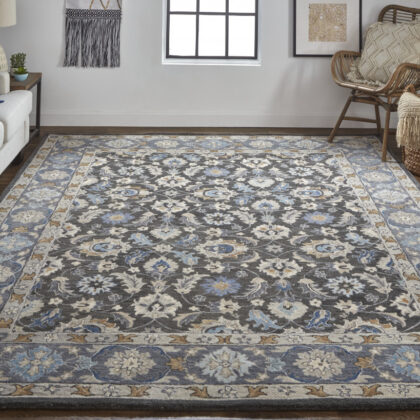 8' X 10' Taupe Blue And Ivory Wool Floral Tufted Handmade Stain Resistant Area Rug