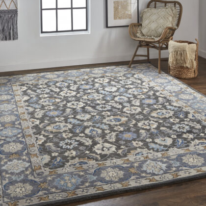 8' X 10' Taupe Blue And Ivory Wool Floral Tufted Handmade Stain Resistant Area Rug