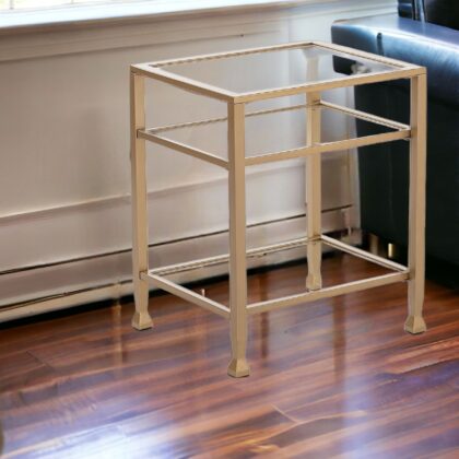 24" Gold Glass And Iron Rectangular End Table With Two Shelves