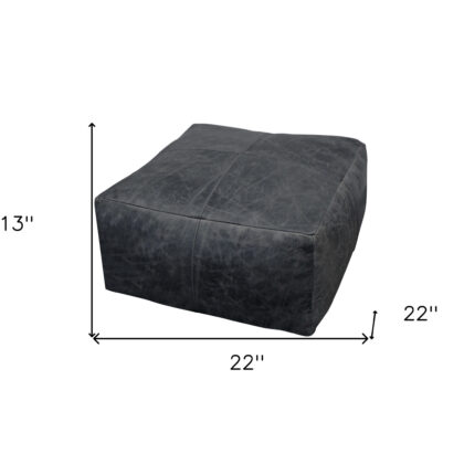 22" Black Distressed Leather Pouf Ottoman