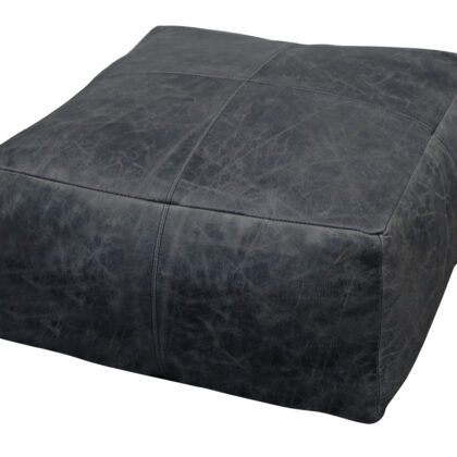 22" Black Distressed Leather Pouf Ottoman