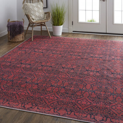 2' X 3' Red And Black Floral Power Loom Area Rug