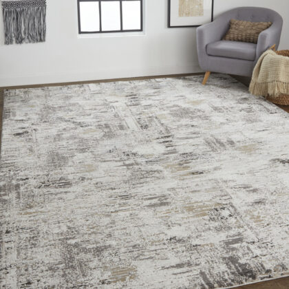 10' X 14' Ivory Gray And Brown Abstract Power Loom Distressed Stain Resistant Area Rug