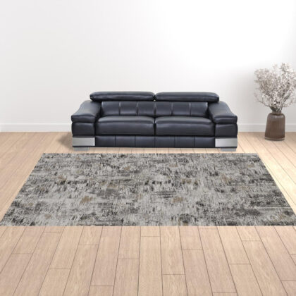 10' X 14' Ivory Gray And Brown Abstract Power Loom Distressed Stain Resistant Area Rug