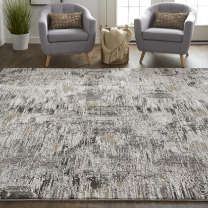 10' X 14' Ivory Gray And Brown Abstract Power Loom Distressed Stain Resistant Area Rug