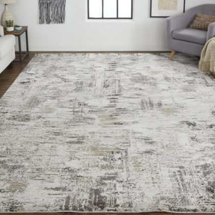 10' X 14' Ivory Gray And Brown Abstract Power Loom Distressed Stain Resistant Area Rug