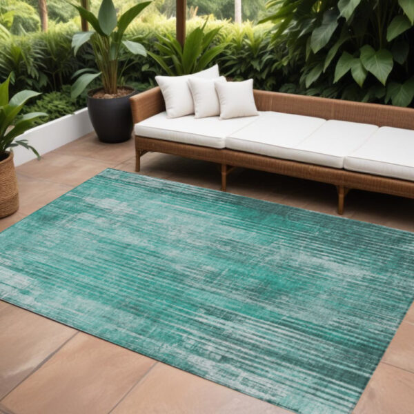 10' X 14' Teal Blue Aqua And Gray Striped Washable Indoor Outdoor Area Rug