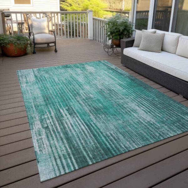 10' X 14' Teal Blue Aqua And Gray Striped Washable Indoor Outdoor Area Rug