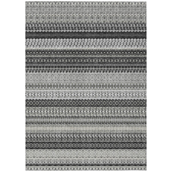 8' X 10' Black Striped Washable Indoor Outdoor Area Rug