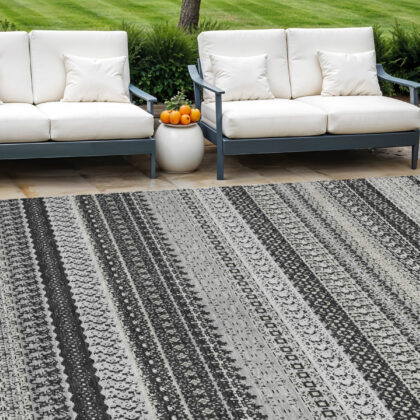 8' X 10' Black Striped Washable Indoor Outdoor Area Rug