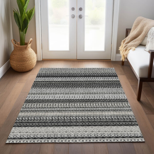 8' X 10' Black Striped Washable Indoor Outdoor Area Rug