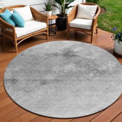8' Silver Gray And Ivory Round Abstract Washable Indoor Outdoor Area Rug
