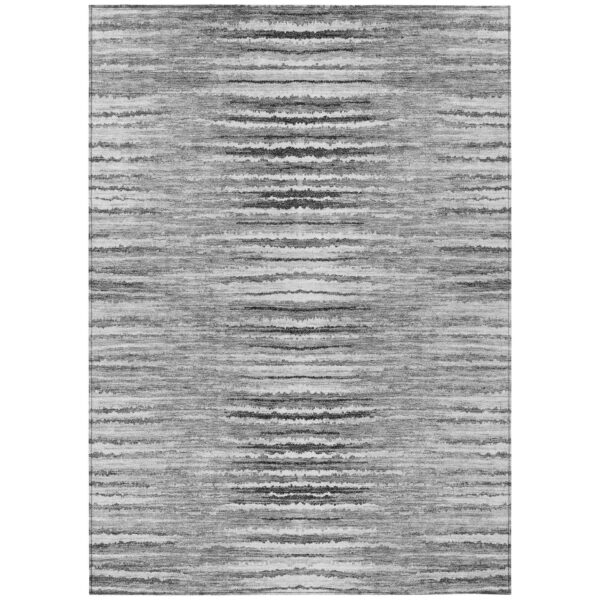 9' X 12' Silver Gray And Charcoal Striped Washable Indoor Outdoor Area Rug