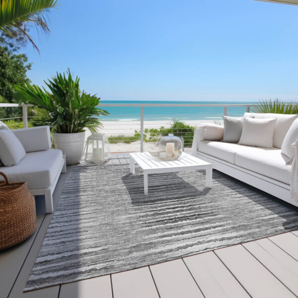 9' X 12' Silver Gray And Charcoal Striped Washable Indoor Outdoor Area Rug