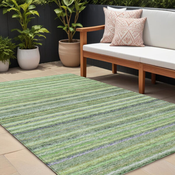 9' X 12' Artichoke Green And Olive Green Striped Washable Indoor Outdoor Area Rug