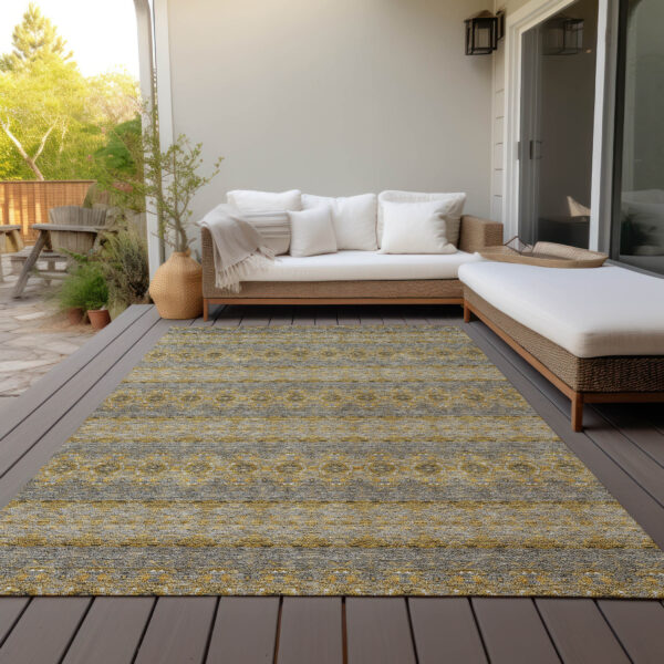 10' X 14' Gold Gray And Silver Floral Medallion Washable Indoor Outdoor Area Rug