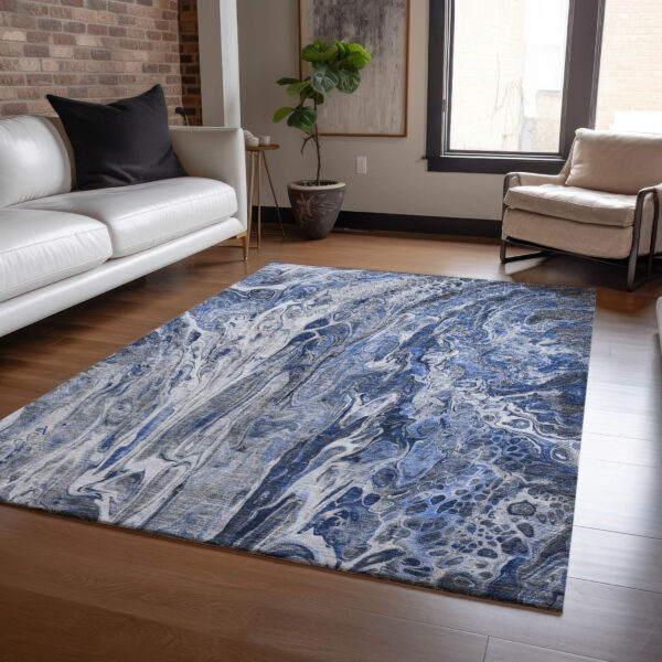 10' X 14' Denim Blue And Navy Blue Abstract Washable Indoor Outdoor Area Rug
