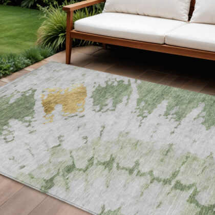 10' X 14' Artichoke Green And Olive Green Abstract Washable Indoor Outdoor Area Rug