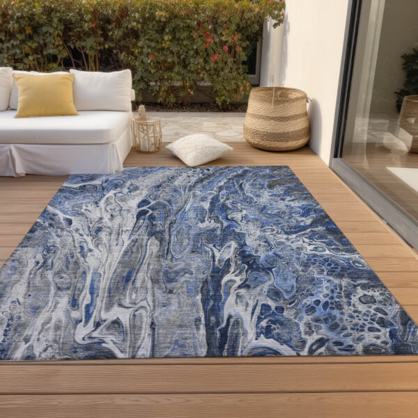 10' X 14' Denim Blue And Navy Blue Abstract Washable Indoor Outdoor Area Rug