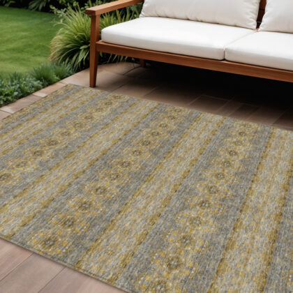 10' X 14' Gold Gray And Silver Floral Medallion Washable Indoor Outdoor Area Rug