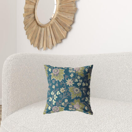 18” Teal Green Jacobean Zippered Suede Throw Pillow