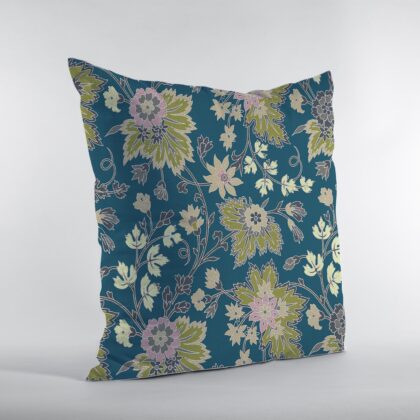 18” Teal Green Jacobean Zippered Suede Throw Pillow