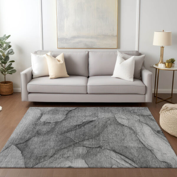 3' X 5' Gray Silver And Charcoal Abstract Washable Indoor Outdoor Area Rug