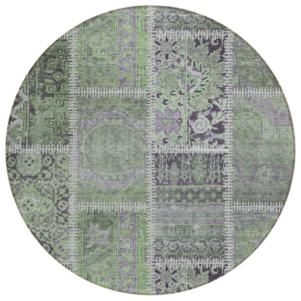 8' Green And Charcoal Round Patchwork Washable Indoor Outdoor Area Rug