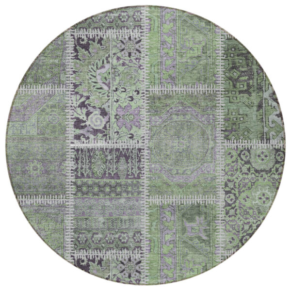 8' Green And Charcoal Round Patchwork Washable Indoor Outdoor Area Rug