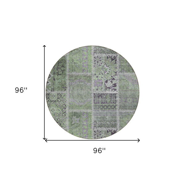8' Green And Charcoal Round Patchwork Washable Indoor Outdoor Area Rug