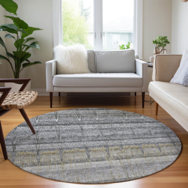 8' Gray Silver And Charcoal Round Striped Washable Indoor Outdoor Area Rug