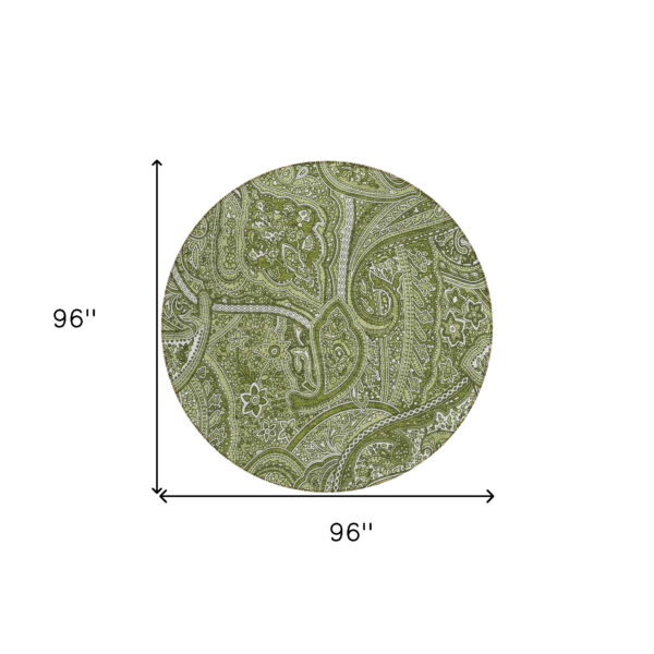 8' Artichoke Green And Olive Green Round Paisley Washable Indoor Outdoor Area Rug