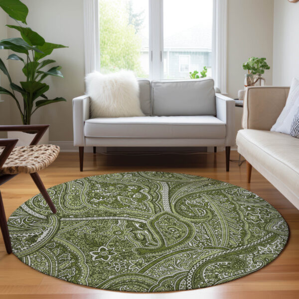 8' Artichoke Green And Olive Green Round Paisley Washable Indoor Outdoor Area Rug