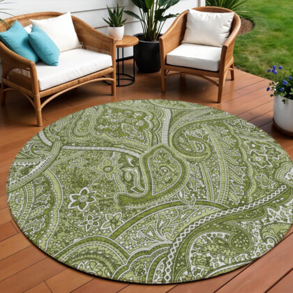 8' Artichoke Green And Olive Green Round Paisley Washable Indoor Outdoor Area Rug