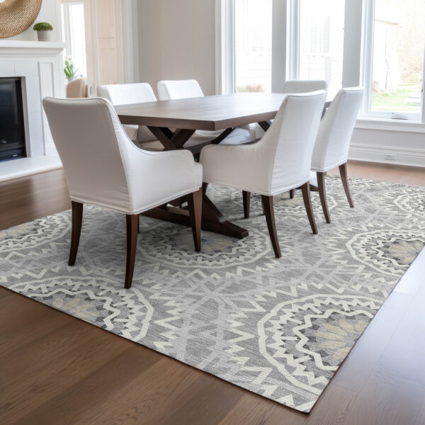 10' X 14' Gray Silver And Ivory Floral Medallion Washable Indoor Outdoor Area Rug