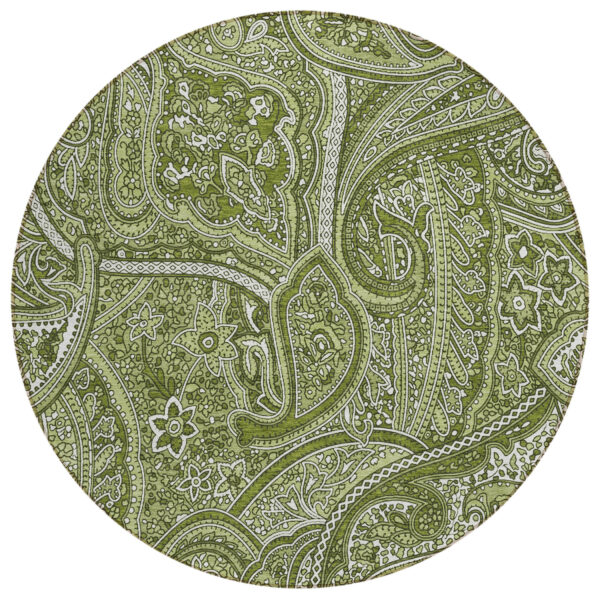 8' Artichoke Green And Olive Green Round Paisley Washable Indoor Outdoor Area Rug