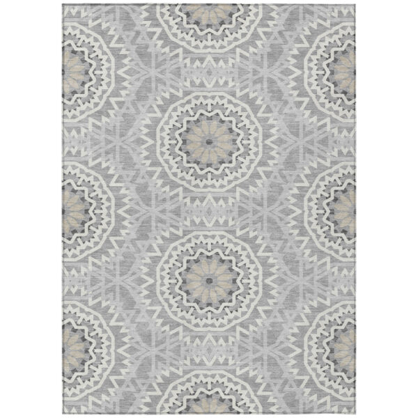 10' X 14' Gray Silver And Ivory Floral Medallion Washable Indoor Outdoor Area Rug