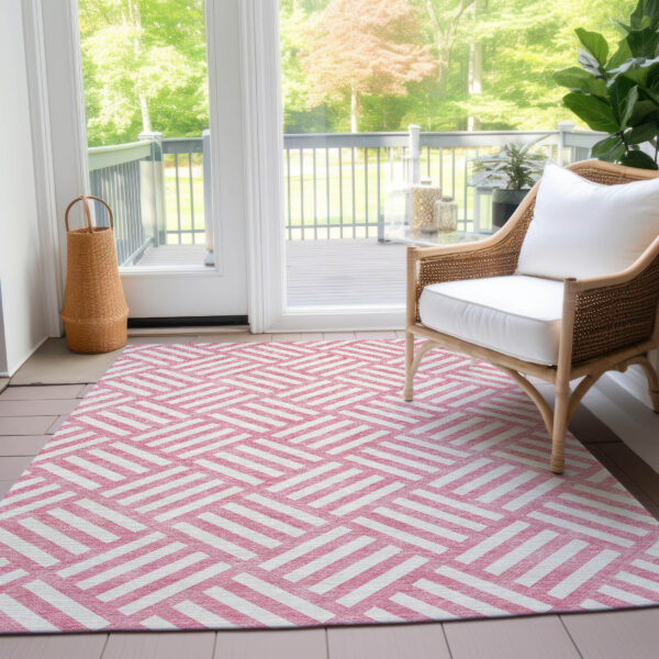 10' X 14' Pink And Ivory Geometric Washable Indoor Outdoor Area Rug