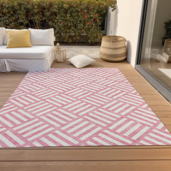 10' X 14' Pink And Ivory Geometric Washable Indoor Outdoor Area Rug