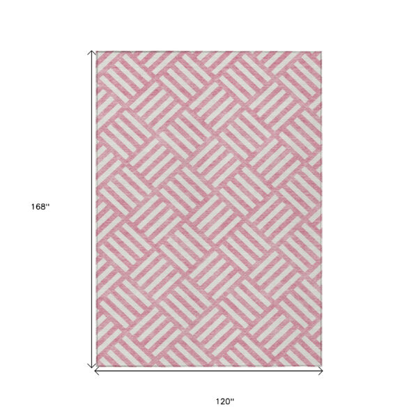 10' X 14' Pink And Ivory Geometric Washable Indoor Outdoor Area Rug