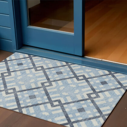 3' X 5' Sky Blue Navy Blue And Ivory Geometric Washable Indoor Outdoor Area Rug