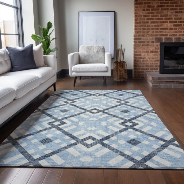 3' X 5' Sky Blue Navy Blue And Ivory Geometric Washable Indoor Outdoor Area Rug