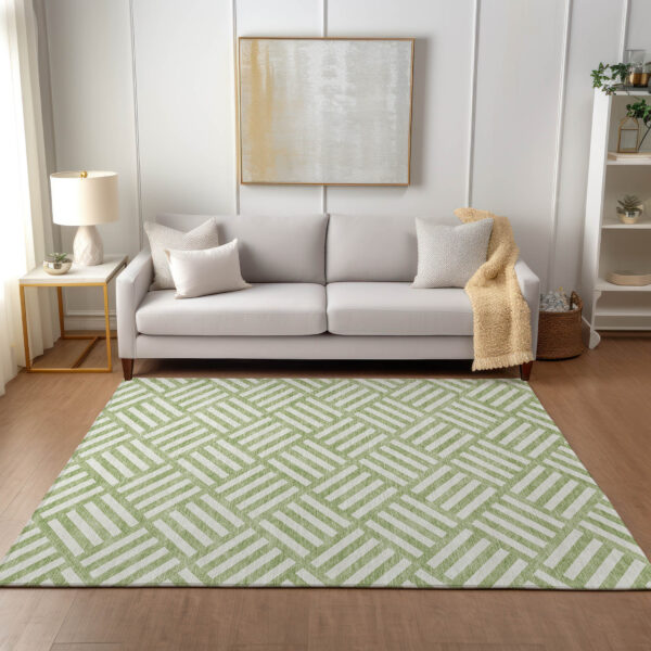 9' X 12' Artichoke Green And Ivory Geometric Washable Indoor Outdoor Area Rug
